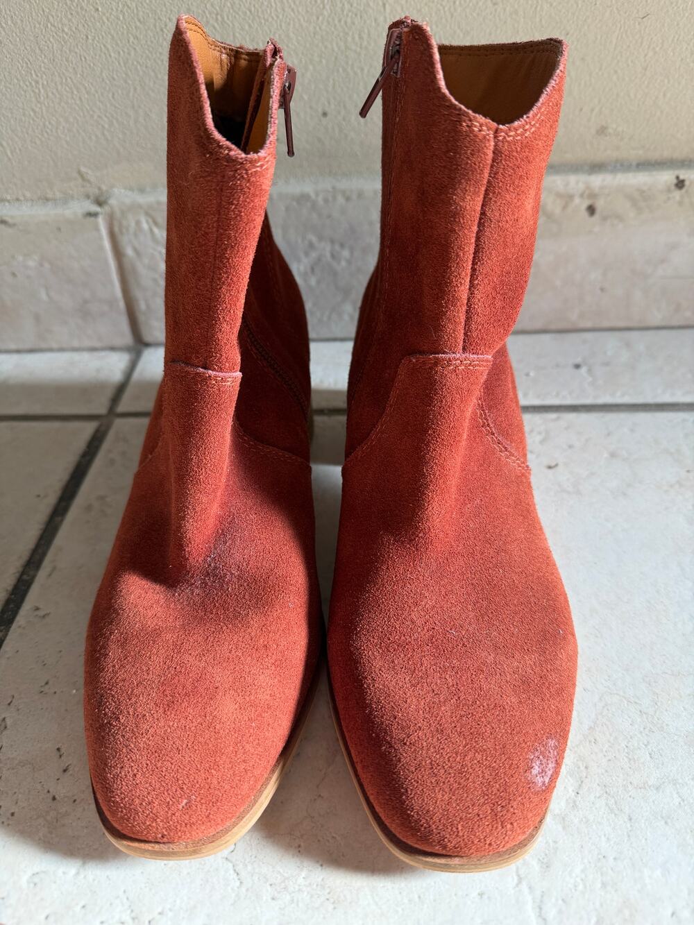 Lucky Brand Basel Suede Ankle Boots 6.5 Rust Brown Double Zip Booties